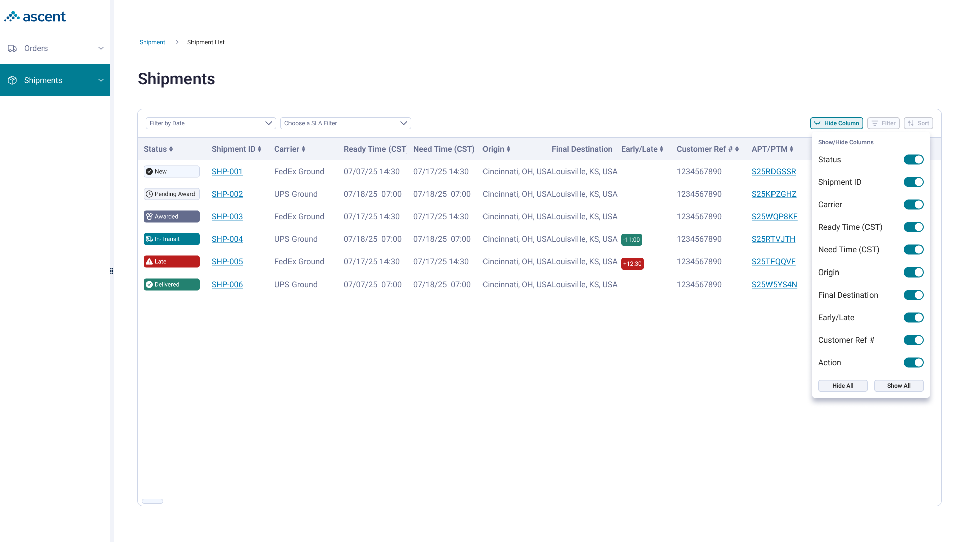 A dense shipment table with sort, filter, and column controls.