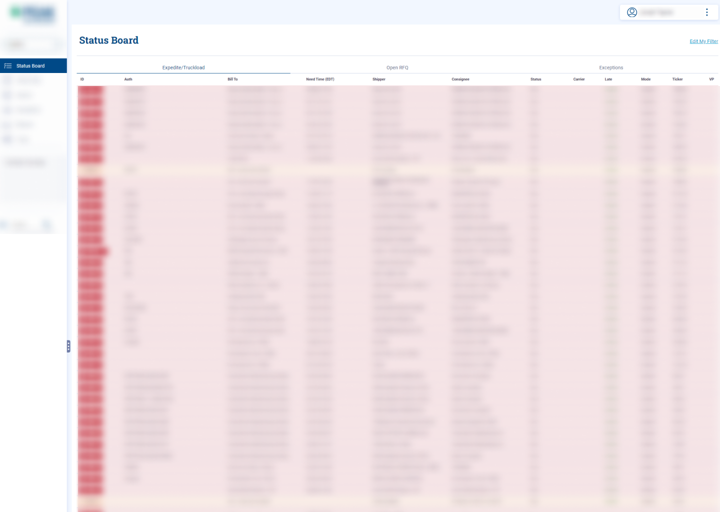 Screencap of the previous platform, blurred for NDA purposes. The landing page was essentially a table that showed all the most recent shipments.