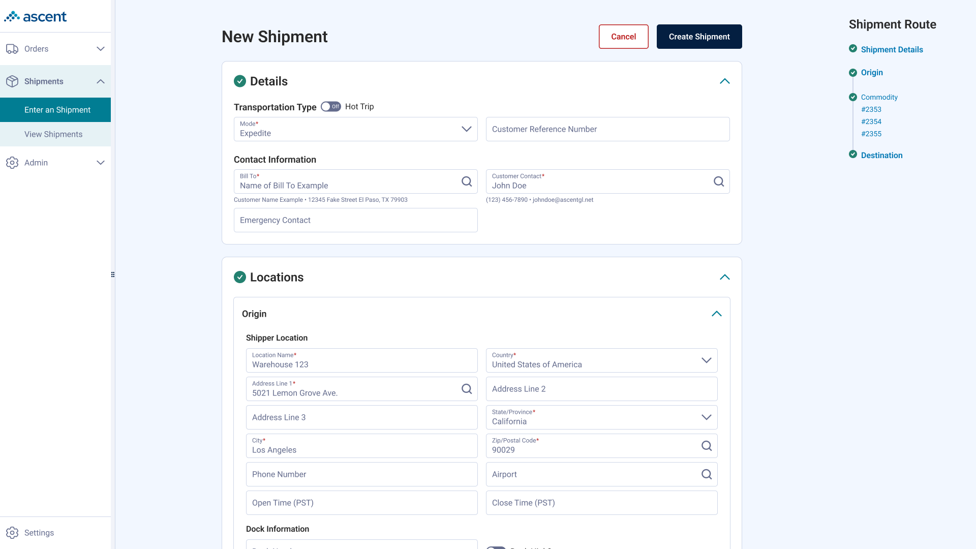 A single-page shipment entry form with completed fields.